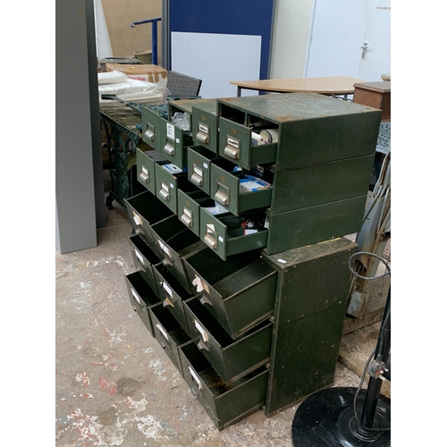 97 - Six mid 20th century green metal index filing cabinets, five two drawer and one one nine drawer - la... 