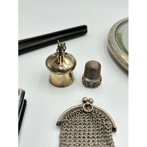 2379 - Eight silver items to include hallmarked London silver fronted address book, .800 silver chainmail l... 