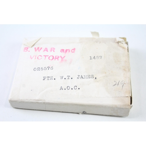 2305 - A boxed WWI medal pair presented to 025576 Pte. W.T James. A.O.C.