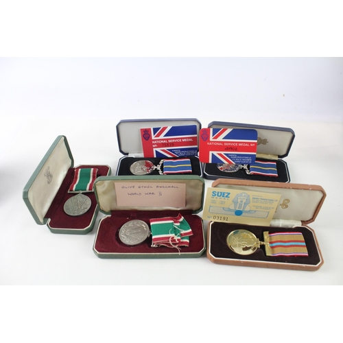 2314 - Five boxed medals, two National Service, two Women's Voluntary Service and one Suez Canal