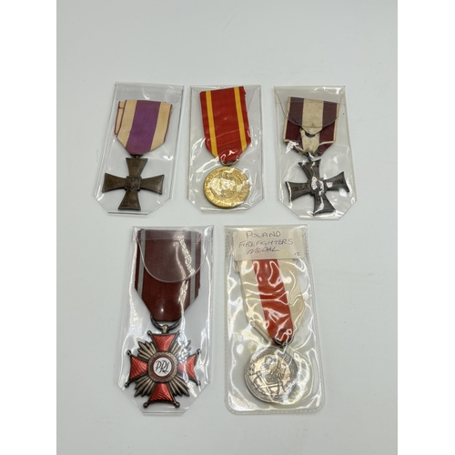 2337 - Five Polish military medals to include Cross of Valour, Gold First Class of Merit etc.