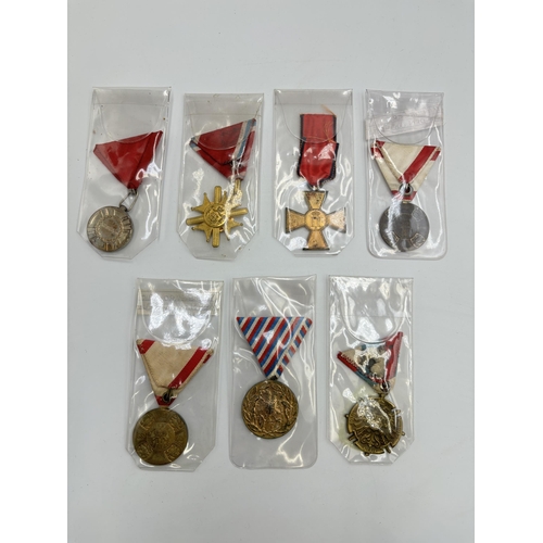 2342 - Seven Serbia and Montenegro military medals to include Golden Jubilee, 1914 - 1918 Great War etc.