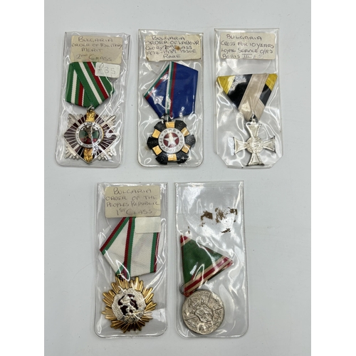 2346 - Five Bulgarian military medals to include Order of Labour Glory 2nd Class, Order of Military Merit, ... 