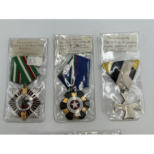 2346 - Five Bulgarian military medals to include Order of Labour Glory 2nd Class, Order of Military Merit, ... 