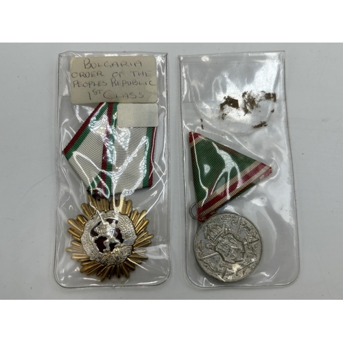 2346 - Five Bulgarian military medals to include Order of Labour Glory 2nd Class, Order of Military Merit, ... 