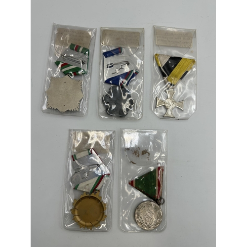 2346 - Five Bulgarian military medals to include Order of Labour Glory 2nd Class, Order of Military Merit, ... 