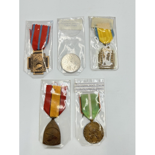 2348 - Five Belgium military medals to include 1940-1945 Fighters, 1940-1945 Colonial War, 1914 - 1918 Fire... 