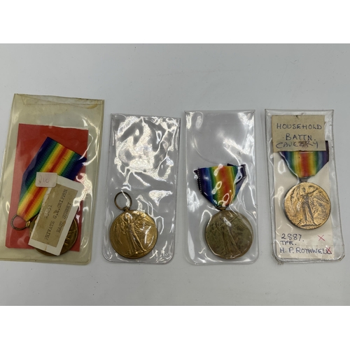 2354 - Four WWI British military Victory medals, one presented to 2887. H.P. Rothwell. Household. Bn., one ... 