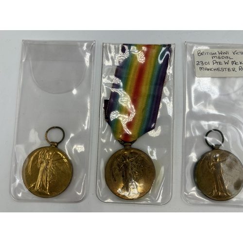 2356 - Four WWI British military medals, one presented to 52516 Pte. H. Denison. K.O.Y.L. I., one 2301 Pte.... 