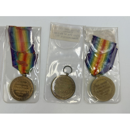 2356 - Four WWI British military medals, one presented to 52516 Pte. H. Denison. K.O.Y.L. I., one 2301 Pte.... 