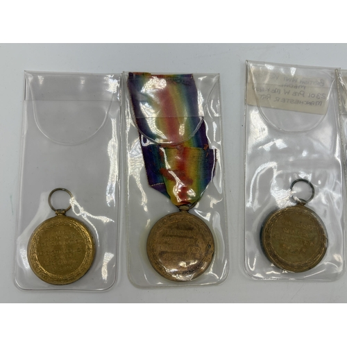 2356 - Four WWI British military medals, one presented to 52516 Pte. H. Denison. K.O.Y.L. I., one 2301 Pte.... 