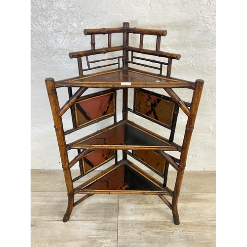 1 - A Victorian bamboo and lacquered three tier corner shelving unit - approx. 100cm high x 65cm wide x ... 