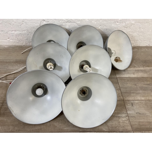 101 - Seven mid 20th century grey painted enamel pendant light shades - approx. 32cm diameter