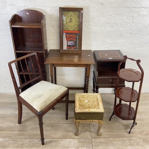 106 - Seven pieces of furniture to include Regency style mahogany and brown leather bedside cabinet, Edwar... 