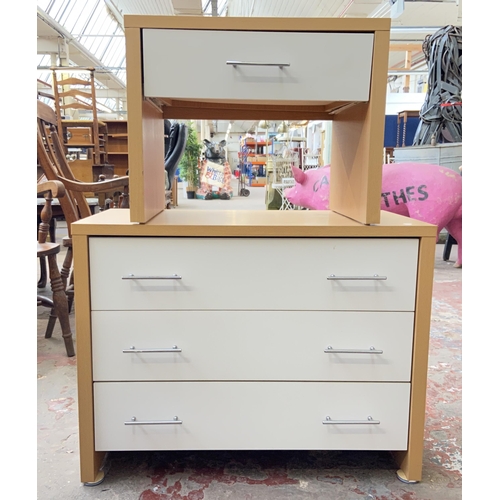 119 - Two pieces of modern white laminate and beech effect bedroom furniture, one chest of drawers and one... 