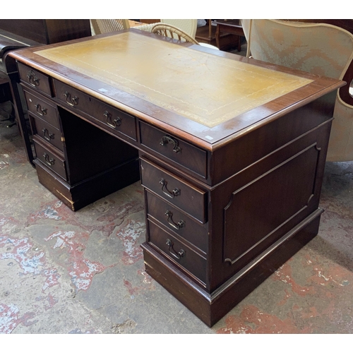 122 - A 19th century style mahogany and tan leather pedestal writing desk - approx. 77cm high x 136cm wide... 