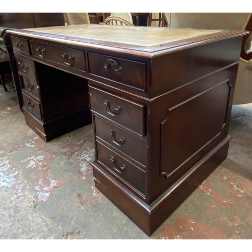 122 - A 19th century style mahogany and tan leather pedestal writing desk - approx. 77cm high x 136cm wide... 