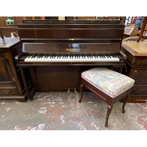 123 - An early 20th century Brinnie of London mahogany upright piano with stool - approx. 110cm high x 135... 