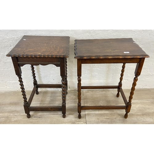 134 - Two early 20th century oak pie crust edge barley twist side tables - largest approx. 71cm high x 39c... 