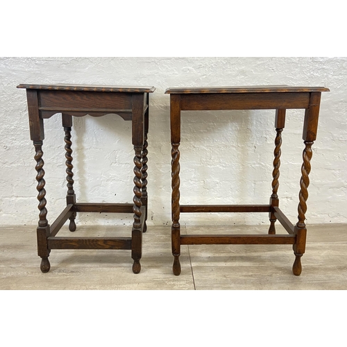 134 - Two early 20th century oak pie crust edge barley twist side tables - largest approx. 71cm high x 39c... 