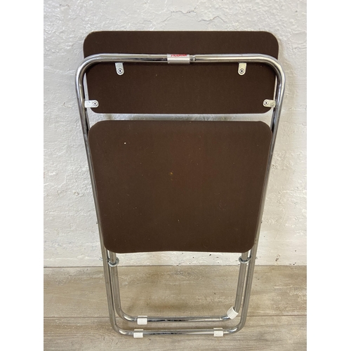 136 - Five mid 20th century brown fabric and chrome plated folding chairs