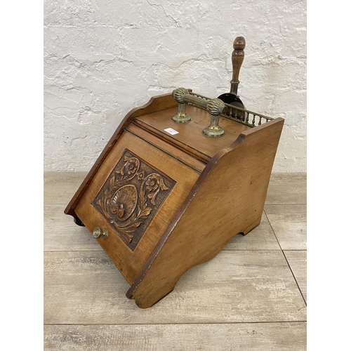 144 - A Victorian carved mahogany and brass coal scuttle with shovel - approx. 38cm high x 34cm wide x 45c... 