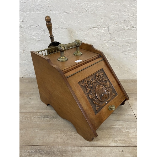 144 - A Victorian carved mahogany and brass coal scuttle with shovel - approx. 38cm high x 34cm wide x 45c... 