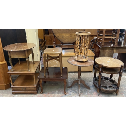 146 - Seven pieces of furniture to include oak circular drinks trolley, beech circular pedestal side table... 