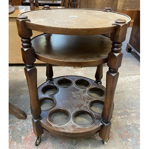 146 - Seven pieces of furniture to include oak circular drinks trolley, beech circular pedestal side table... 