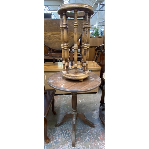 146 - Seven pieces of furniture to include oak circular drinks trolley, beech circular pedestal side table... 