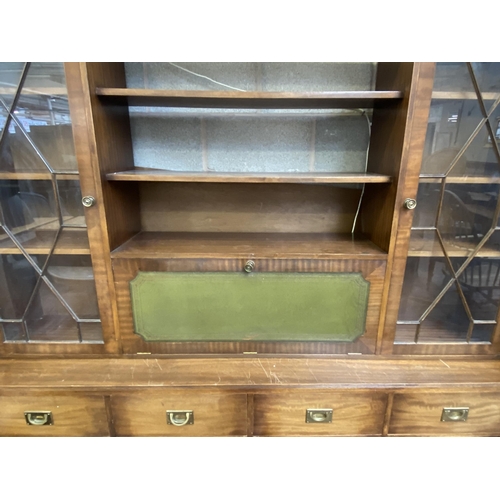 25 - A Georgian style mahogany and green leather display cabinet/wall unit - approx. 194cm high x 193cm w... 