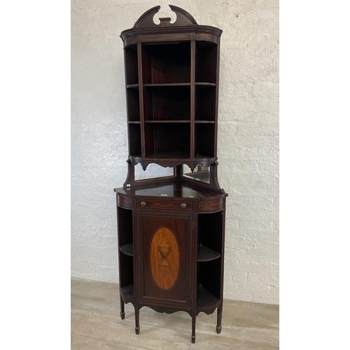 32 - An Edwardian Sheraton Revival marquetry inlaid mahogany corner display cabinet - approx. 200cm high ... 