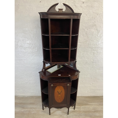 32 - An Edwardian Sheraton Revival marquetry inlaid mahogany corner display cabinet - approx. 200cm high ... 