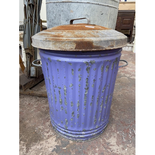 47 - Three items, one vintage galvanised dustbin, one vintage galvanised barrel - approx. 90cm high x 69c... 