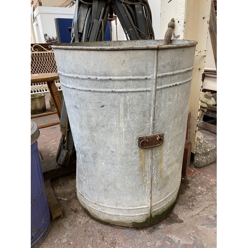 47 - Three items, one vintage galvanised dustbin, one vintage galvanised barrel - approx. 90cm high x 69c... 