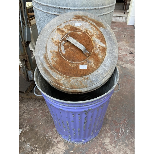 47 - Three items, one vintage galvanised dustbin, one vintage galvanised barrel - approx. 90cm high x 69c... 