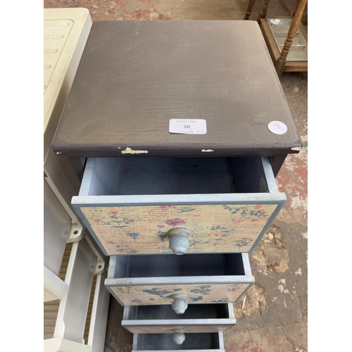 50 - Two pieces of furniture, one grey painted and floral decorated miniature chest of drawers and one Ik... 