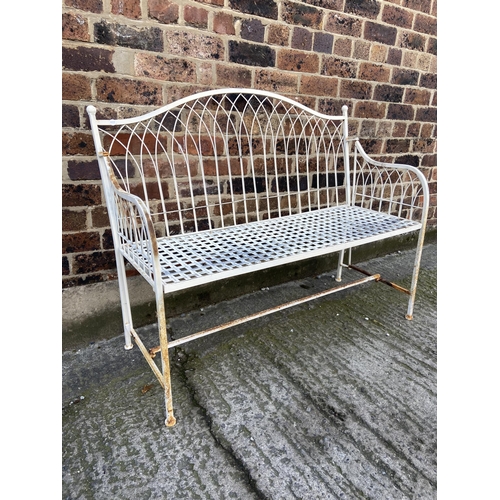 57 - A white painted wrought metal garden bench - approx. 96cm high x 114cm wide x 43cm deep