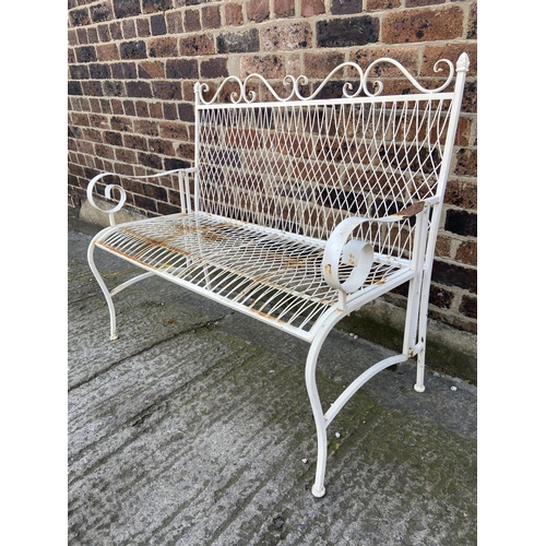 58 - A white painted wrought metal garden bench - approx. 99cm high x 117cm wide x 50cm deep