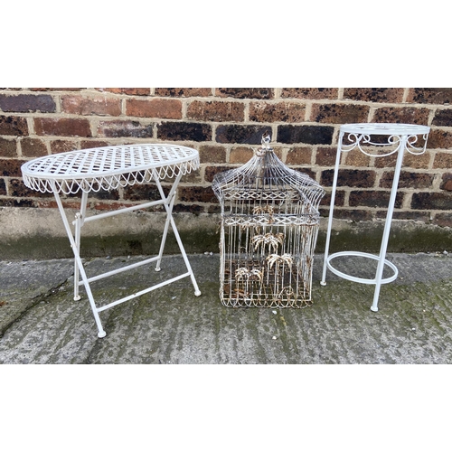 62 - Three items, one white painted wired metal hanging bird cage - approx. 58cm high, one white painted ... 