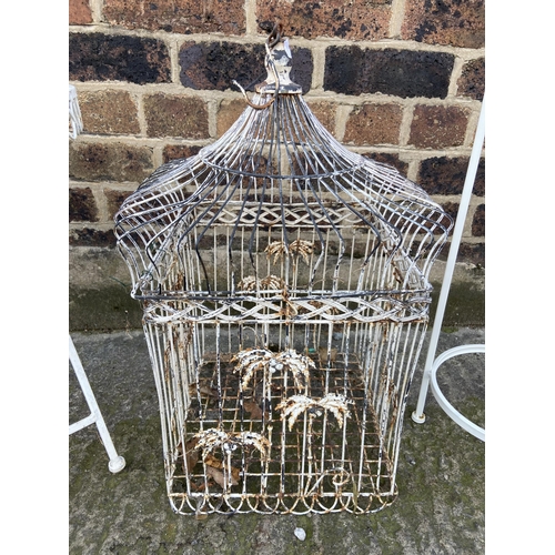 62 - Three items, one white painted wired metal hanging bird cage - approx. 58cm high, one white painted ... 