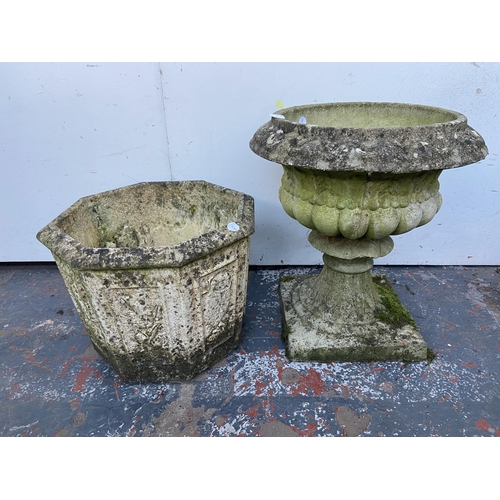 65 - Two cast stone garden planters, one octagonal and one urn shaped pedestal - largest approx. 43cm hig... 