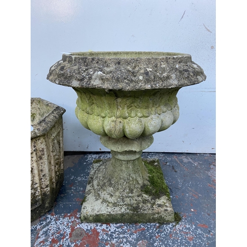 65 - Two cast stone garden planters, one octagonal and one urn shaped pedestal - largest approx. 43cm hig... 