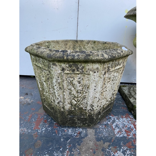 65 - Two cast stone garden planters, one octagonal and one urn shaped pedestal - largest approx. 43cm hig... 