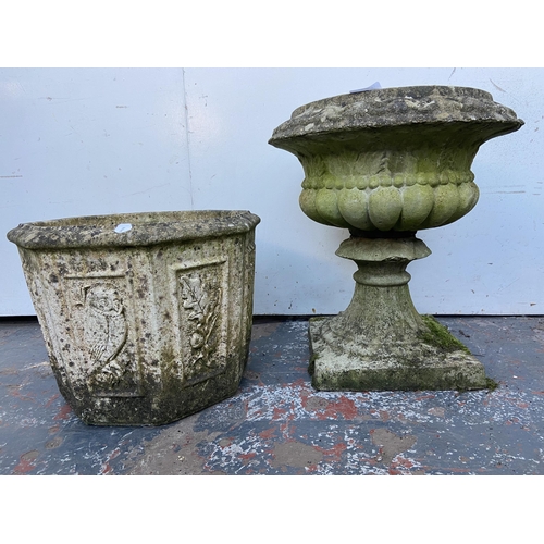 65 - Two cast stone garden planters, one octagonal and one urn shaped pedestal - largest approx. 43cm hig... 