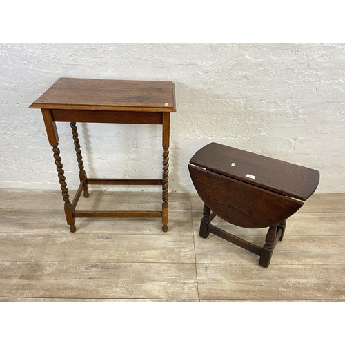 68 - Two oak side tables, one Jaycee drop leaf swivel top and one early 20th century rectangular barley t... 