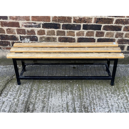 72A - A modern black painted metal and wooden shoe rack bench - approx. 40cm high x 32cm wide x 120cm long