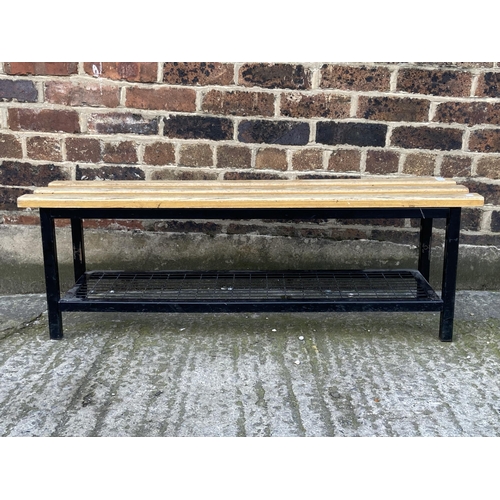 72A - A modern black painted metal and wooden shoe rack bench - approx. 40cm high x 32cm wide x 120cm long