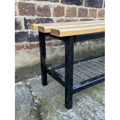 72A - A modern black painted metal and wooden shoe rack bench - approx. 40cm high x 32cm wide x 120cm long