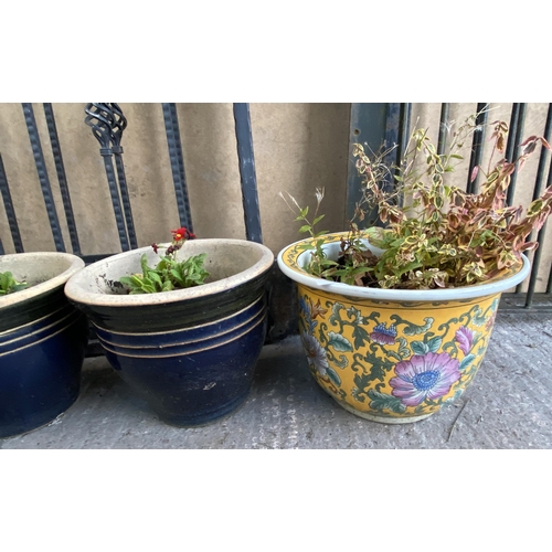 82 - Six garden planters, one Chinese hand painted porcelain and five blue glazed